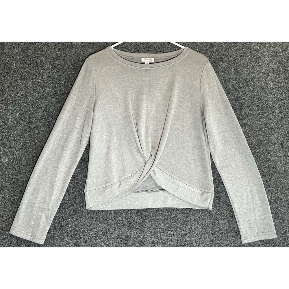 Pink Lily Women's Cropped Buttery Soft Grey Sweatshirt - Knot Front -Size MEDIUM